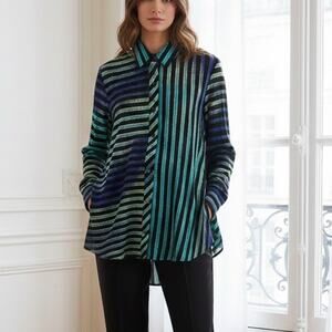 Calessa Black Blue Green Button Artsy Lagenlook  Tunic Top Large